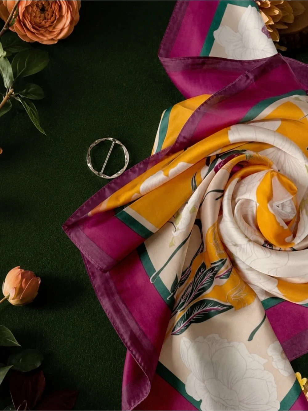 Satiny Scarf 27x 27 E1-Orange Purple Hundred Flowers Feminine Classic Floral